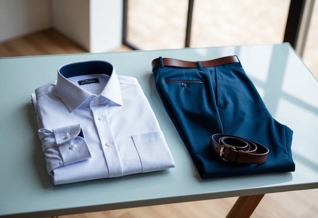 A man's outfit laid out on a clean, modern desk: a pressed dress shirt, tailored trousers, leather belt, and polished dress shoes