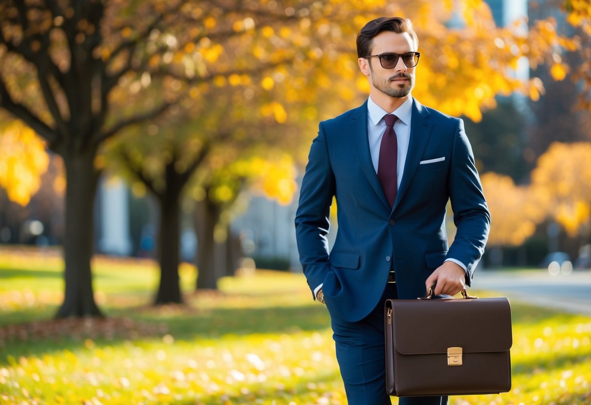 An outdoor business casual scene with fall foliage, a man's briefcase, and a warm-toned color palette