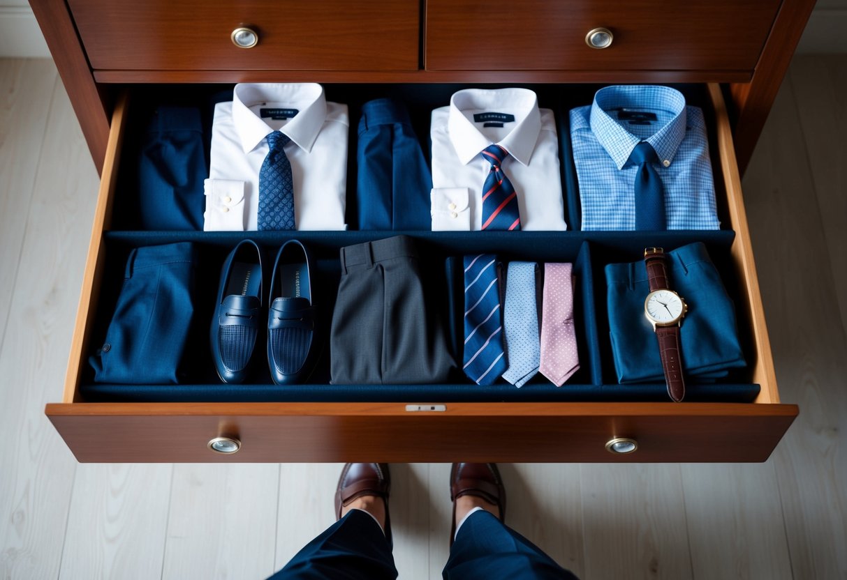 A well-dressed man's wardrobe: dress shirts, blazers, trousers, loafers, ties, and a watch laid out neatly on a wooden dresser