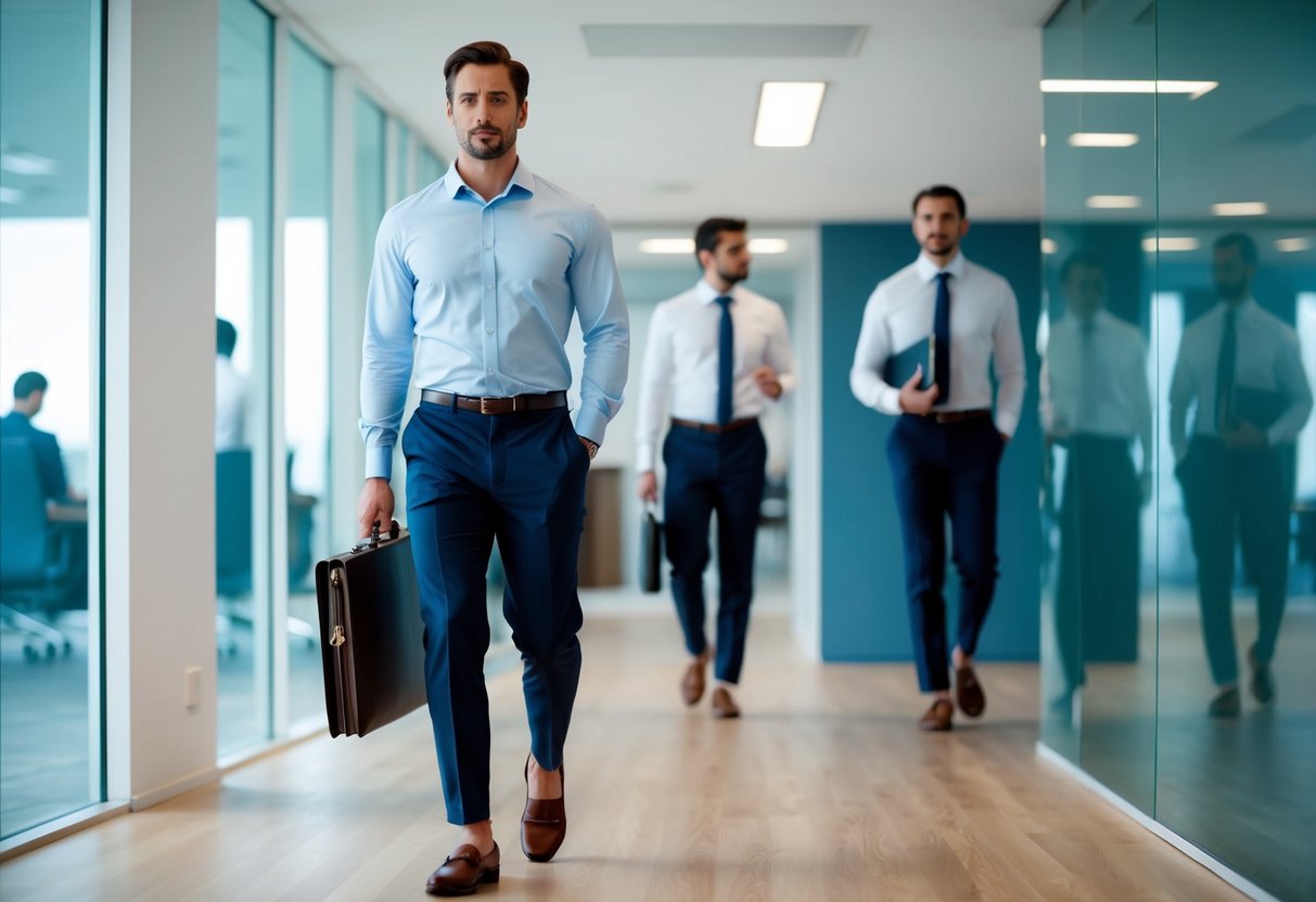 A man in a collared shirt, dress pants, and loafers, carrying a briefcase, walks through a modern office with coworkers dressed similarly