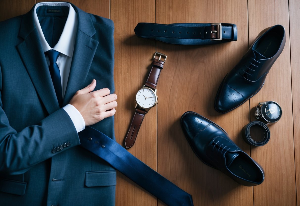 A man's business casual outfit laid out on a wooden table with a watch, leather belt, tie, and dress shoes