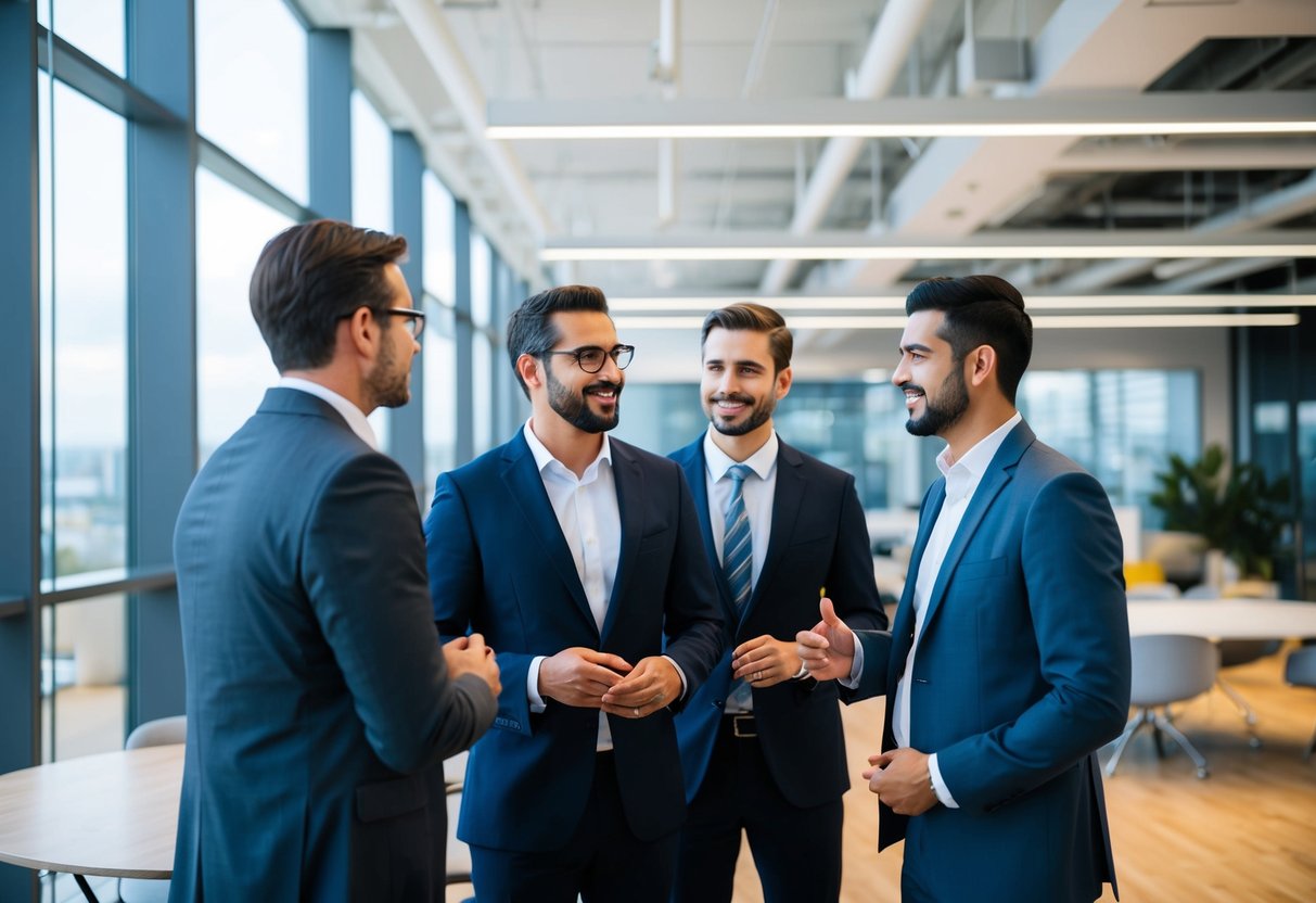 A group of men in business casual attire conversing in a modern office setting with open floor plan and large windows