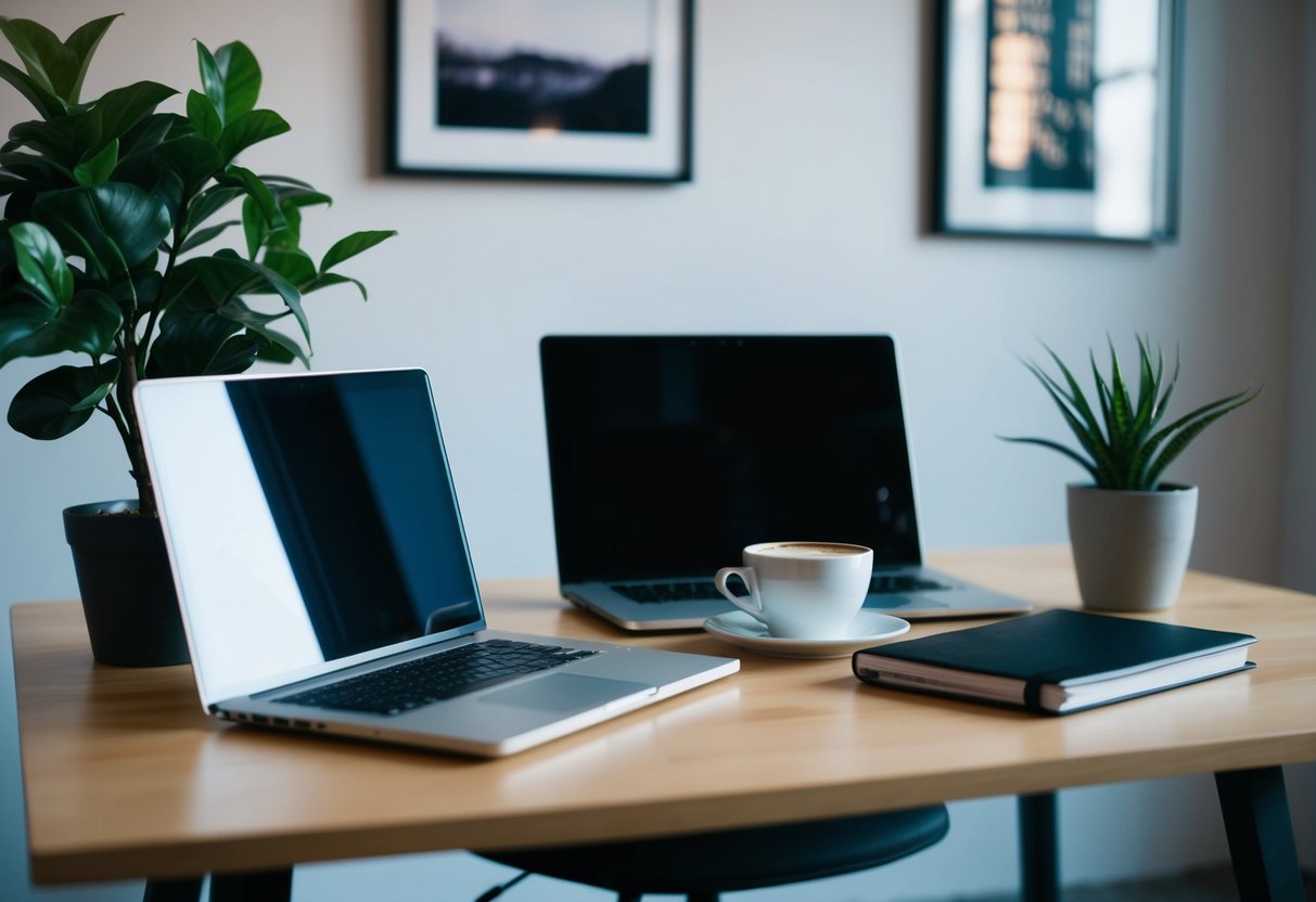 A modern office desk with a laptop, notebook, and a cup of coffee. A potted plant and framed artwork on the wall