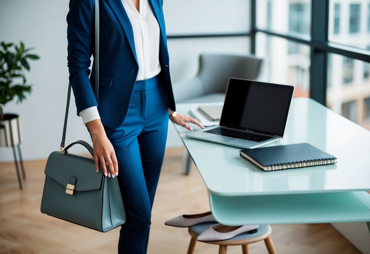 A woman's business casual wardrobe: blazer, blouse, trousers, flats, and a structured handbag on a clean, modern desk with a laptop and notebook
