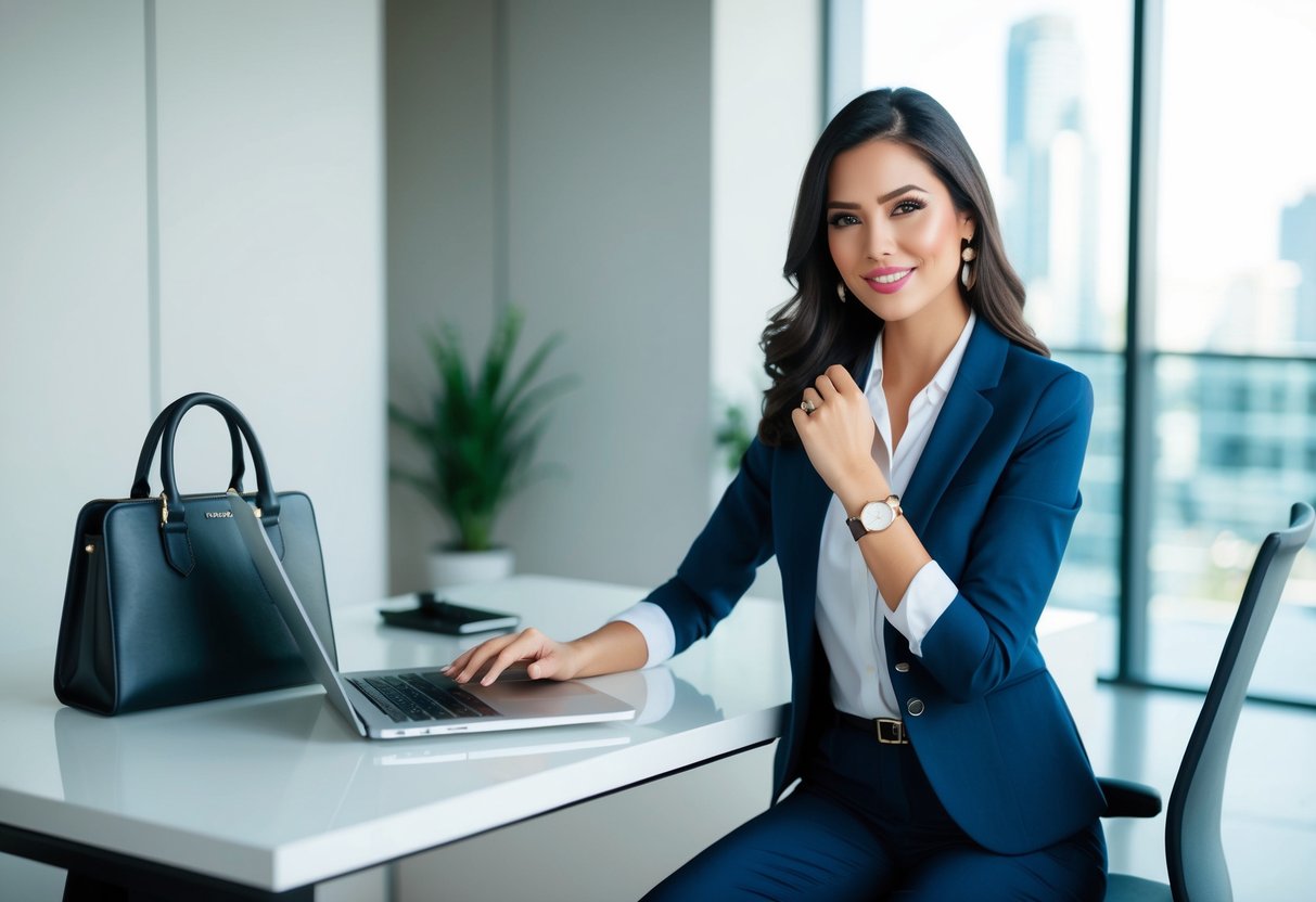 A woman's business casual outfit laid out on a clean, modern desk with a sleek laptop, stylish watch, and professional handbag