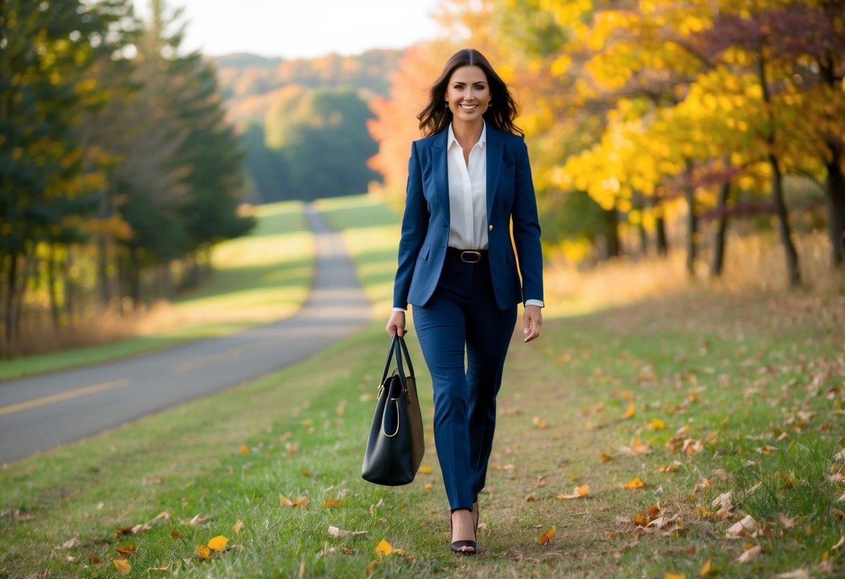 A woman in business casual attire walks through a fall landscape, with colorful leaves and a crisp breeze