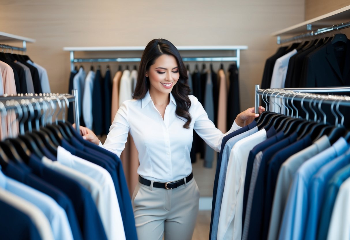A woman browsing through a rack of neatly organized business casual clothing, with a confident and professional demeanor