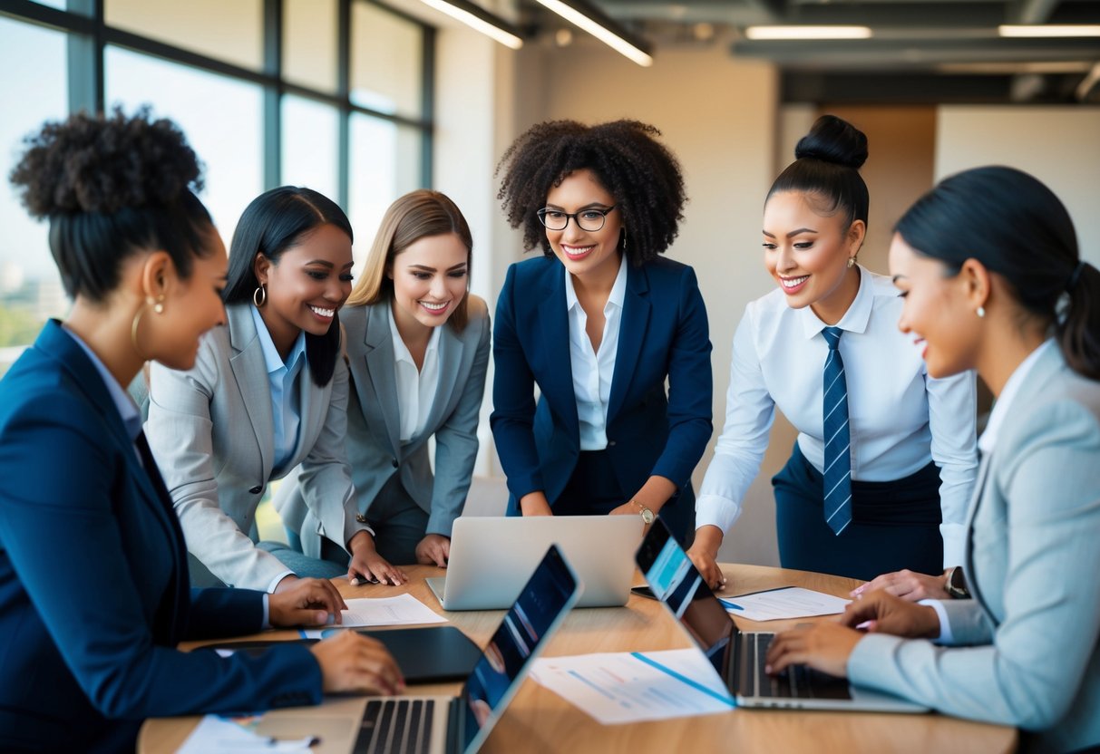 A modern office setting with a diverse group of women in business casual attire collaborating around a conference table with laptops and paperwork